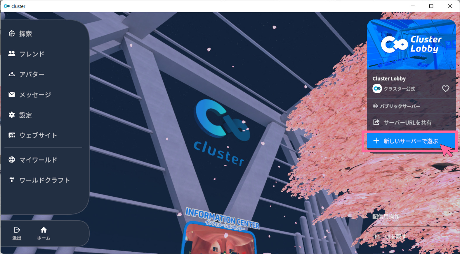 cluster　「新しいサーバーで遊ぶ」を選択する